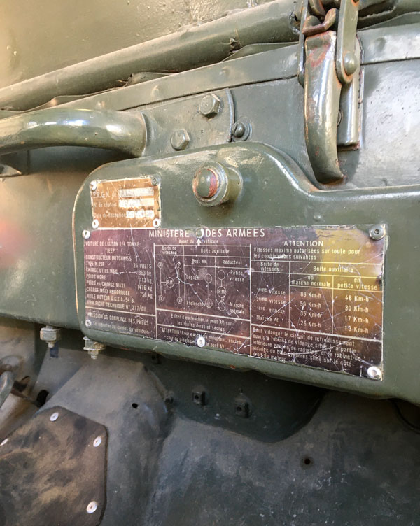 Plaque des Specifications Jeep Hotchkiss M.201